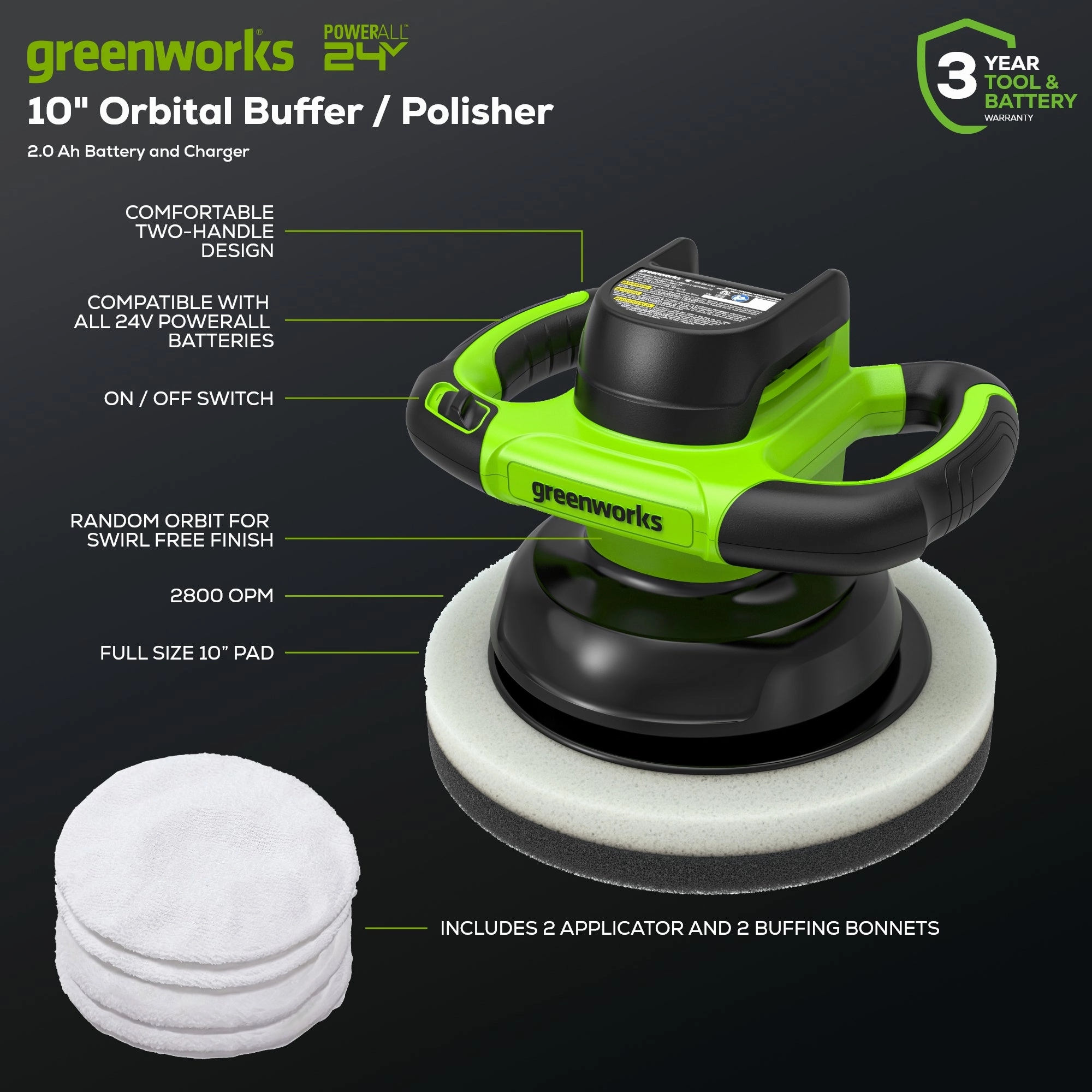 24V 10 Cordless Battery Buffer & Polisher w/ 2.0Ah Battery and Charger