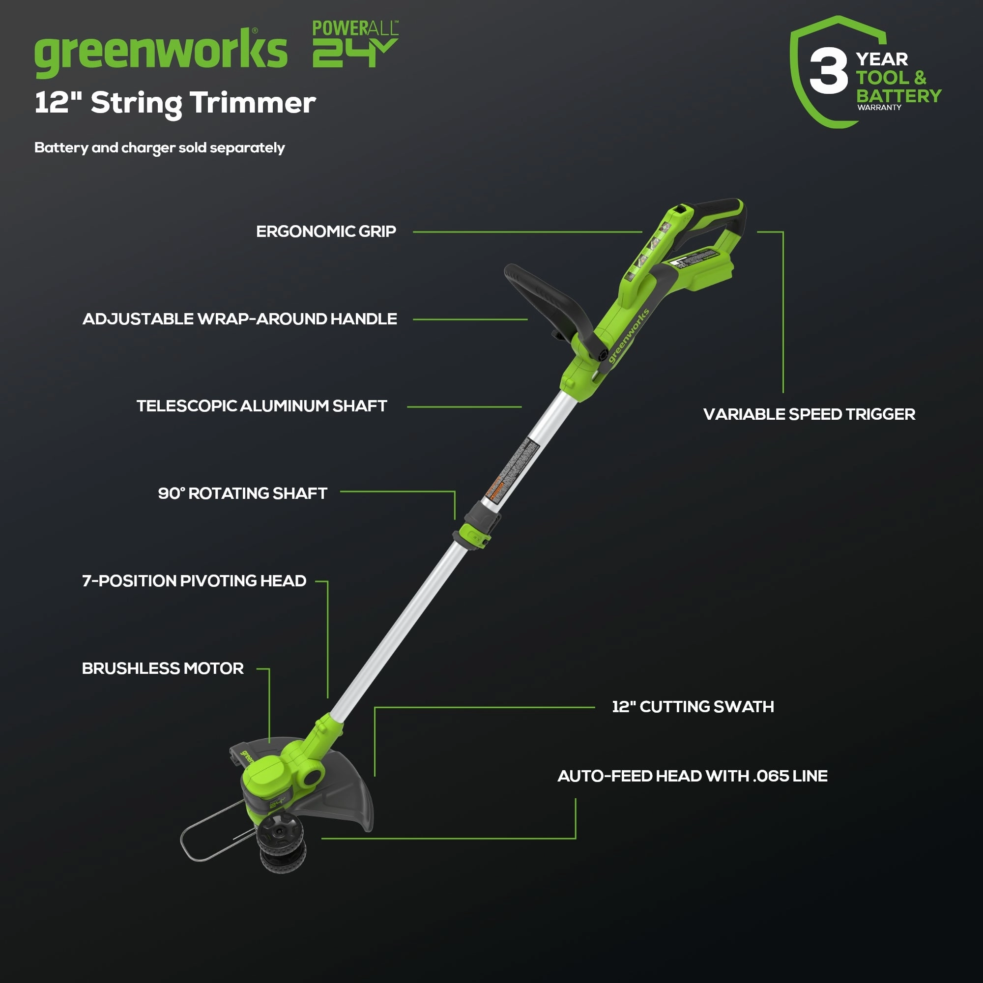 24V 12 Cordless Battery String Trimmer & Edger (Tool Only)