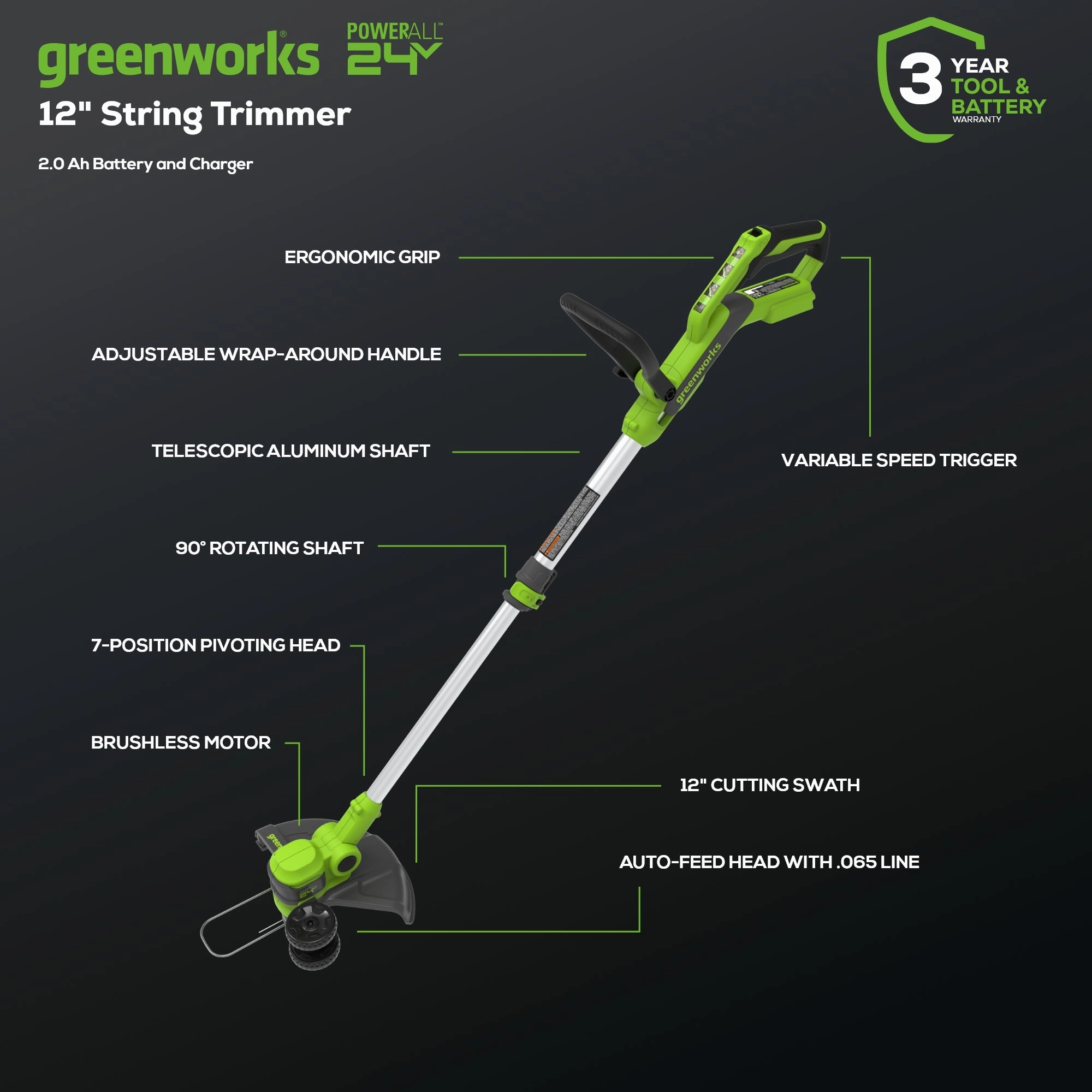 24V 12 Cordless Battery String Trimmer & Edger w/ 2.0Ah USB Battery & Charger