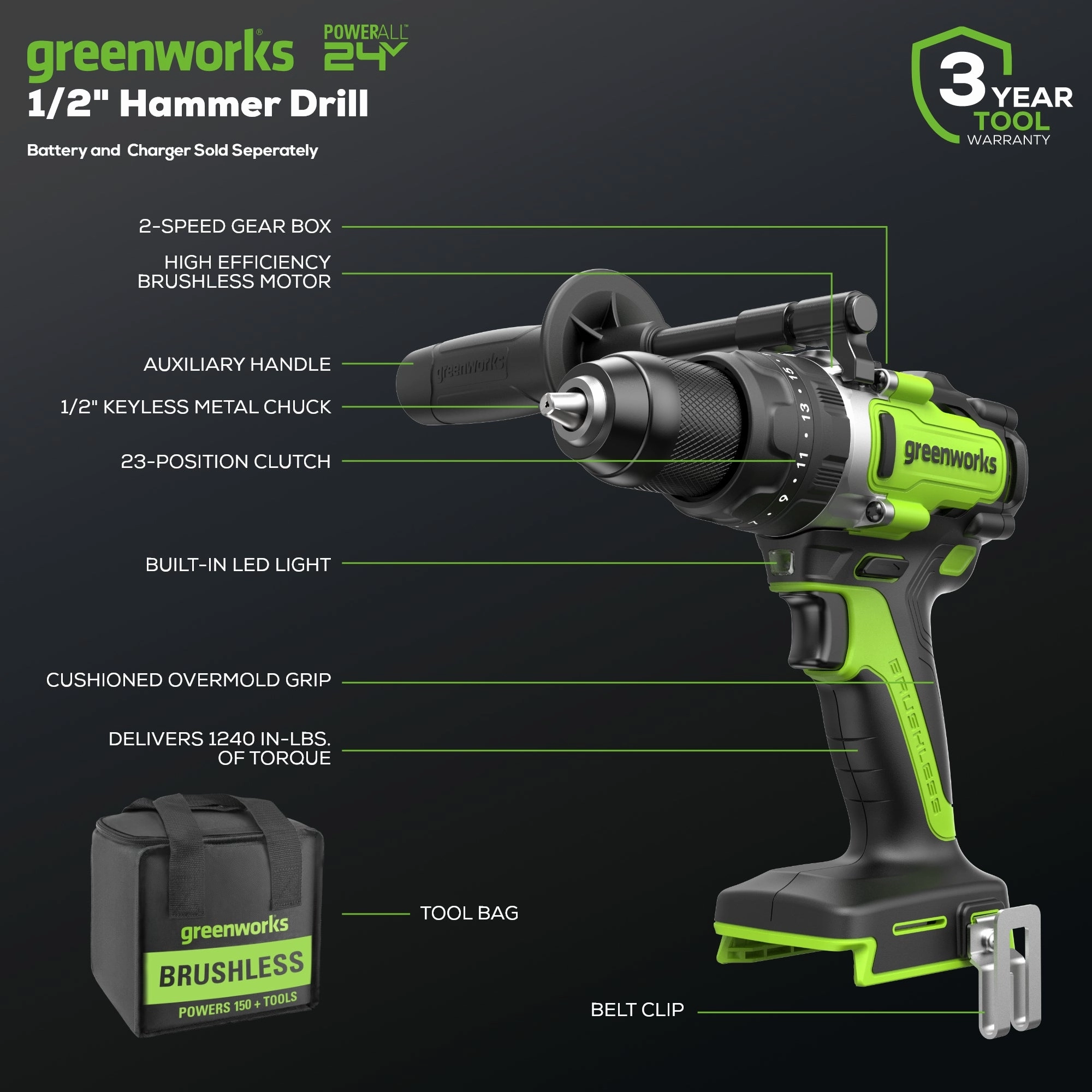 24V 1/2 1240 in/lbs Hammer Drill (Tool Only)