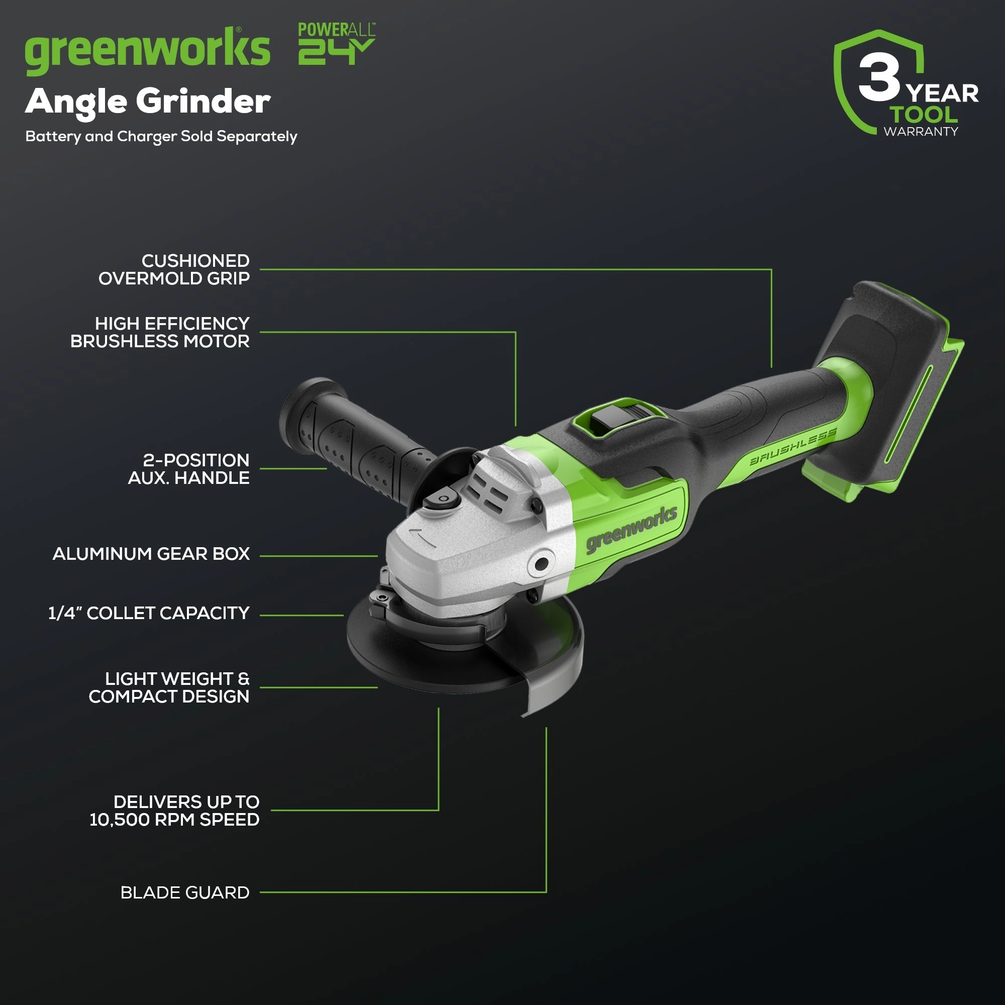 24V 4.5 Cordless Battery Angle Grinder (Tool Only)