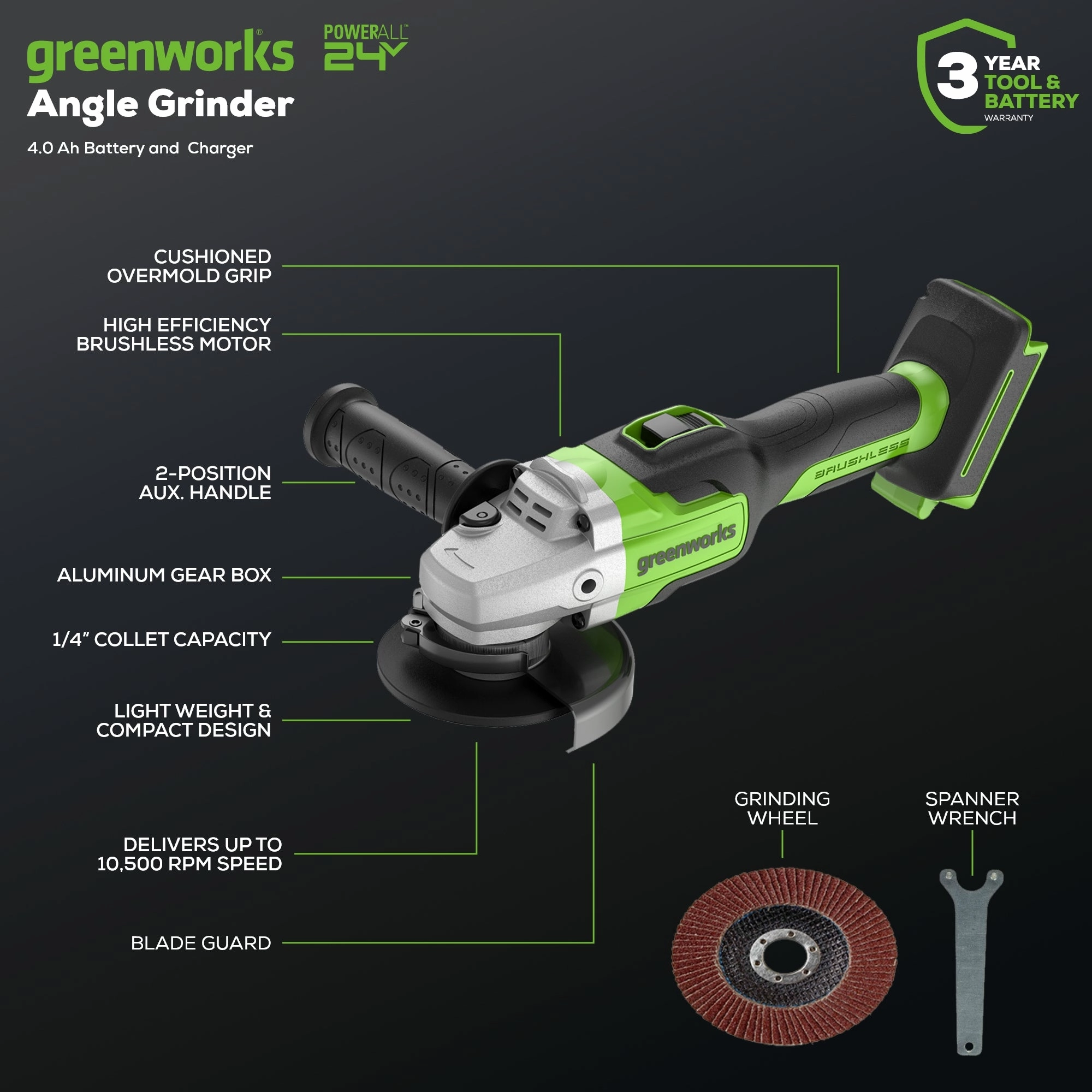 24V 4.5 Cordless Battery Angle Grinder w/ 4.0Ah Battery & Charger