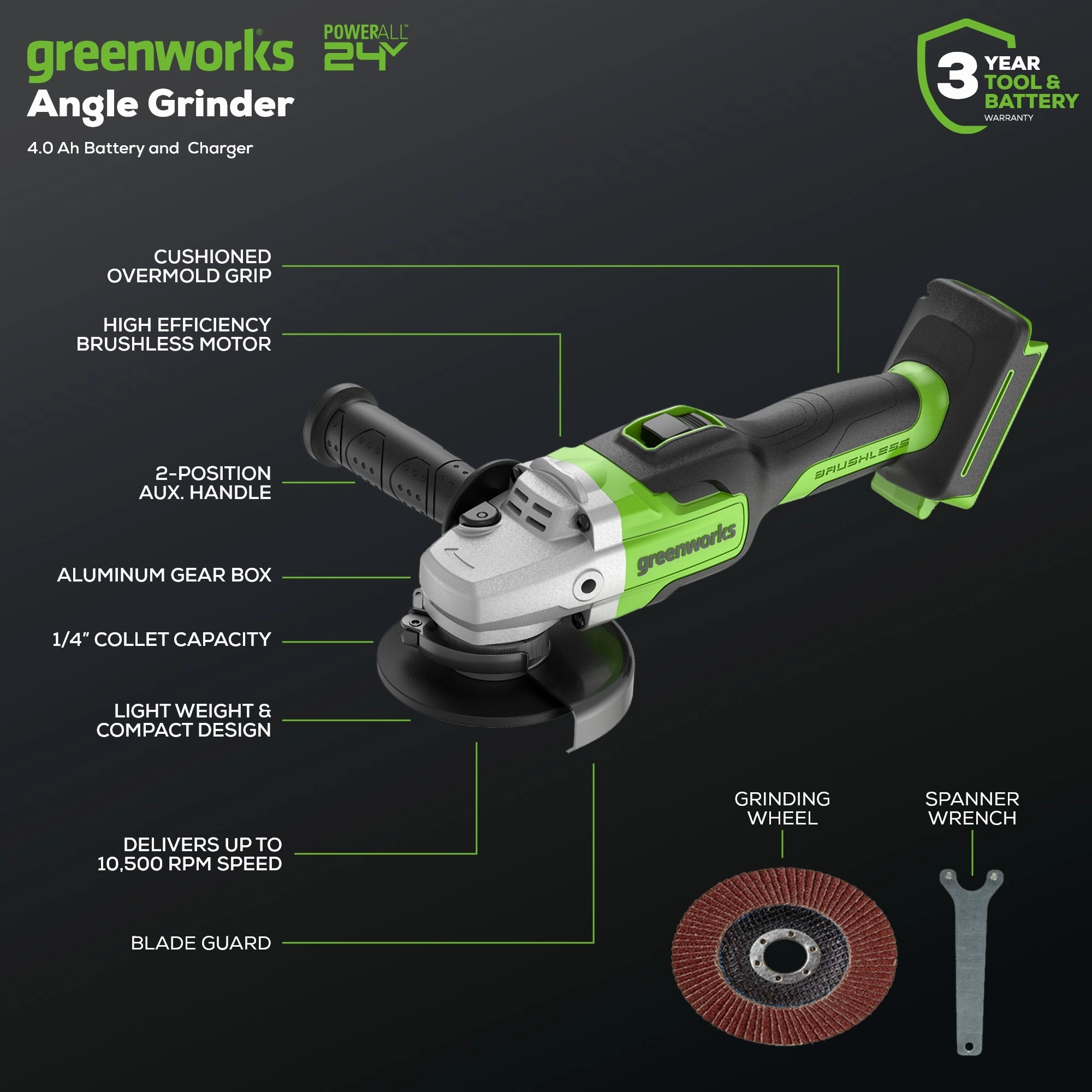 24V 4.5 Cordless Battery Brushless Angle Grinder w/ 4.0Ah USB Battery & Charger