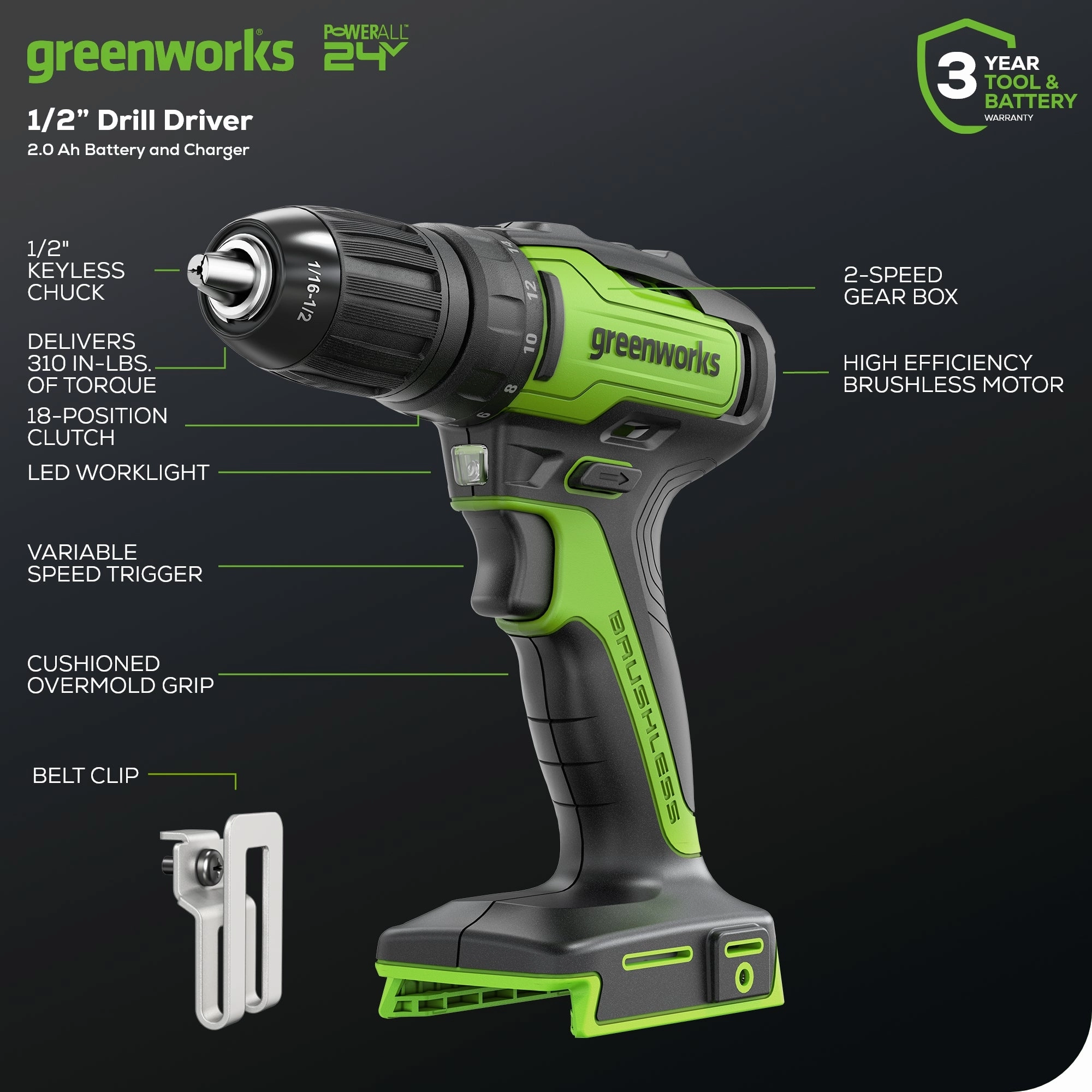 24V Brushless 1/2 310 in/lbs Drill / Driver w/ (2) 2.0Ah Batteries and Charger