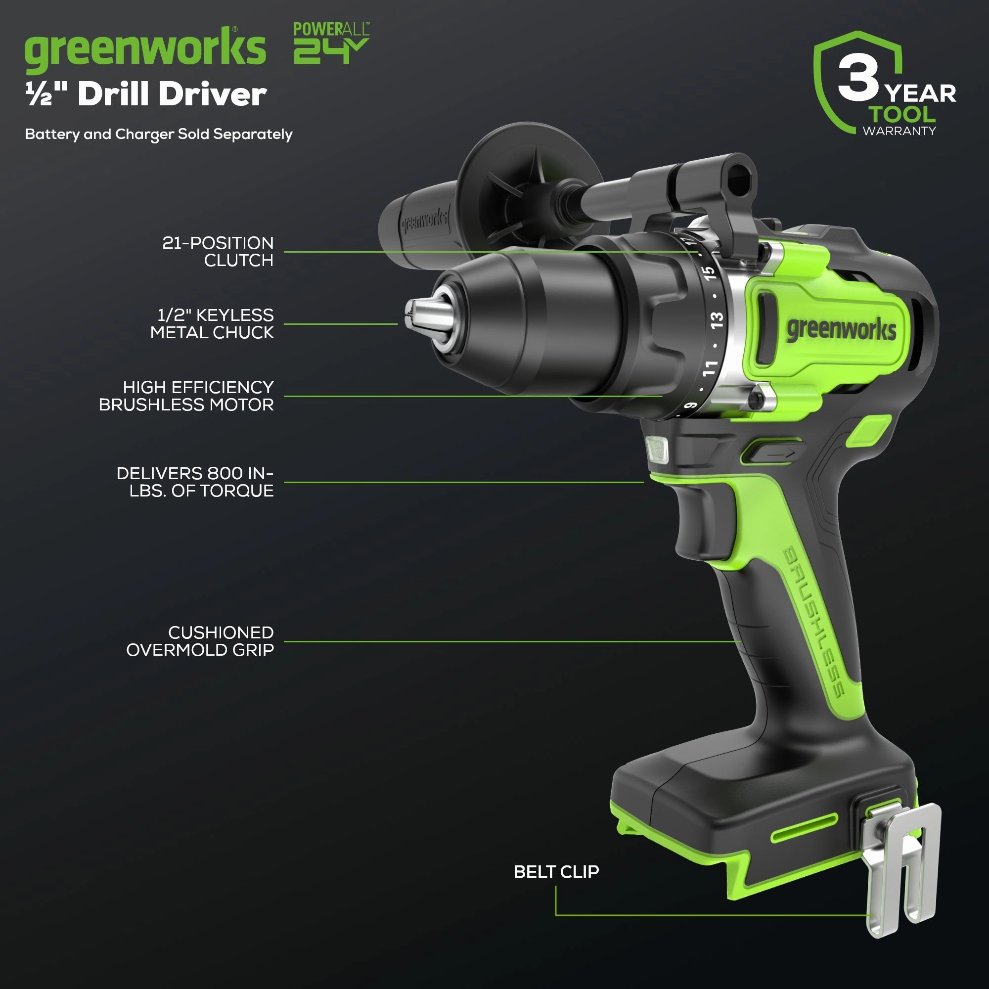 24V Cordless Battery 1/2 800 in/lbs Drill Driver (Tool Only)