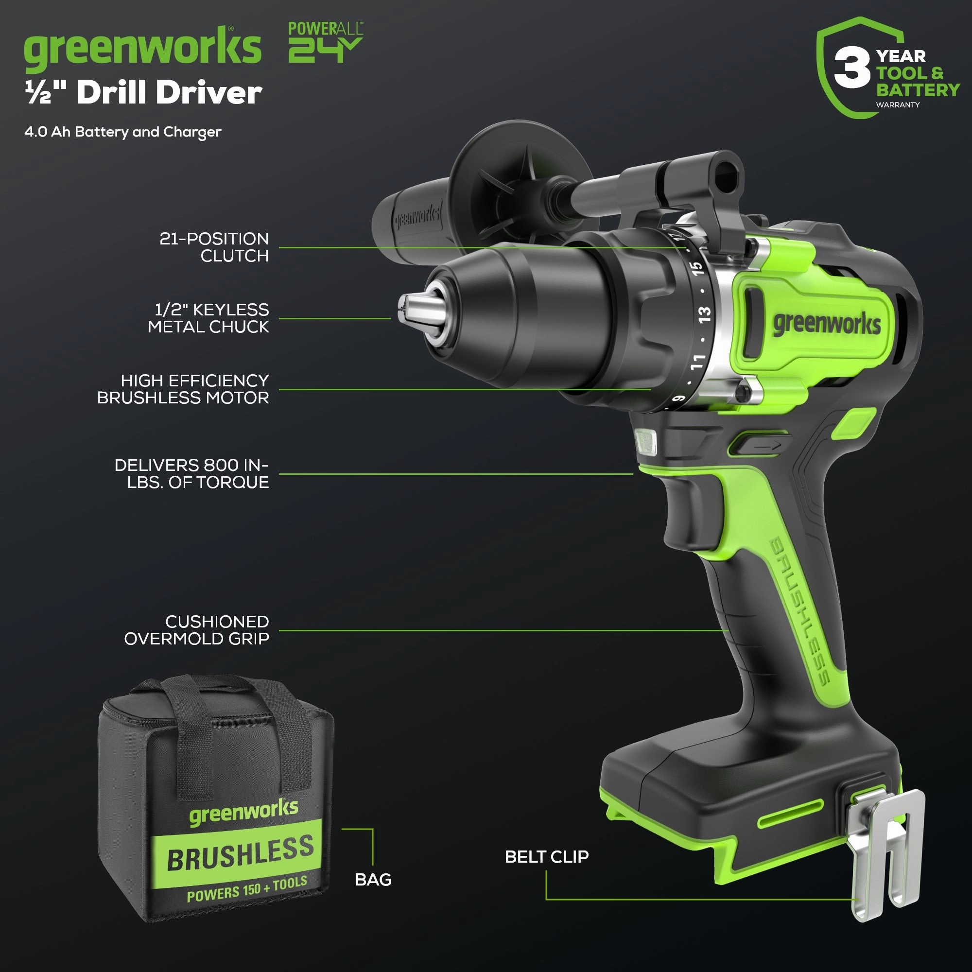 24V Cordless Battery 1/2 800 in/lbs Drill Driver w/ 4.0Ah USB Battery & Charger