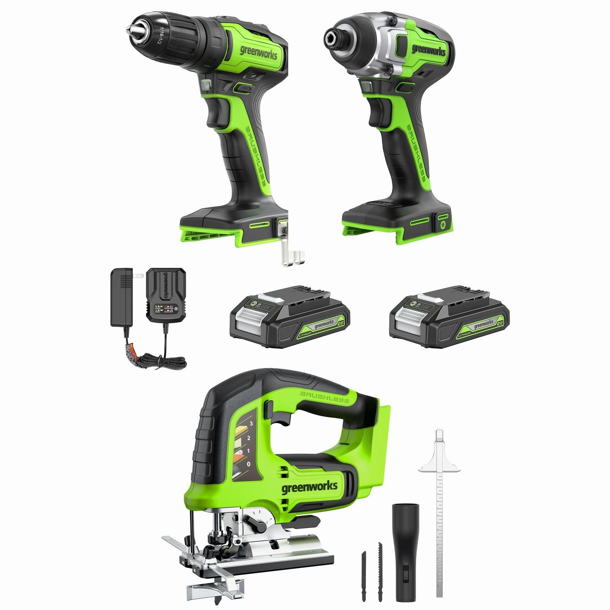 24V Cordless Battery Drill. Impact Driver & Jig Saw 3PC Combo Kit w/ (2) 2.0Ah Batteries & Charger