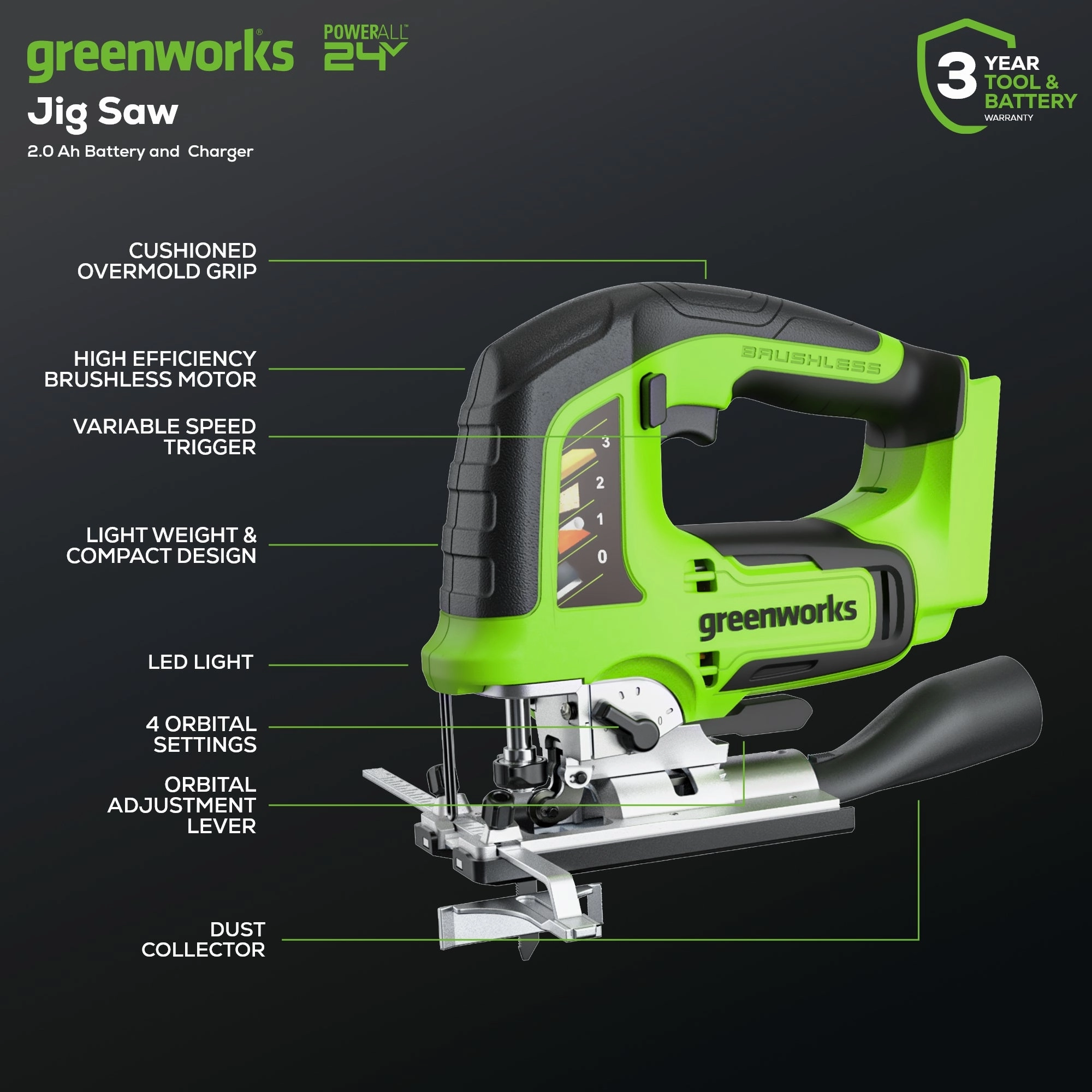 24V Cordless Battery Drill. Impact Driver & Jig Saw 3PC Combo Kit w/ (2) 2.0Ah Batteries & Charger