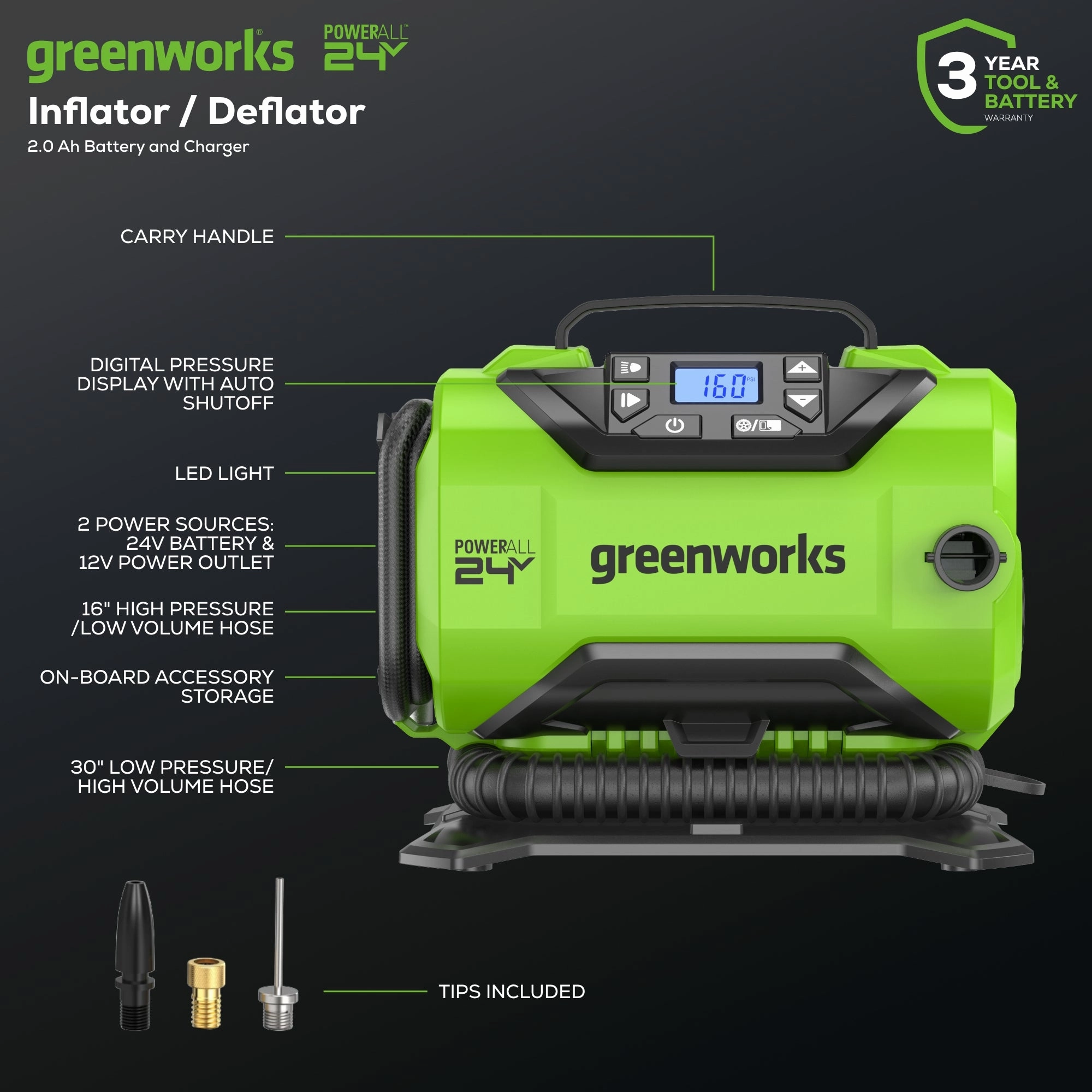 24V Cordless Battery Inflator w/ 2.0Ah Battery & Charger