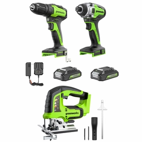 24V Drill. Impact Driver & Jig Saw 3PC Combo Kit w/ (2) Batteries & Charger