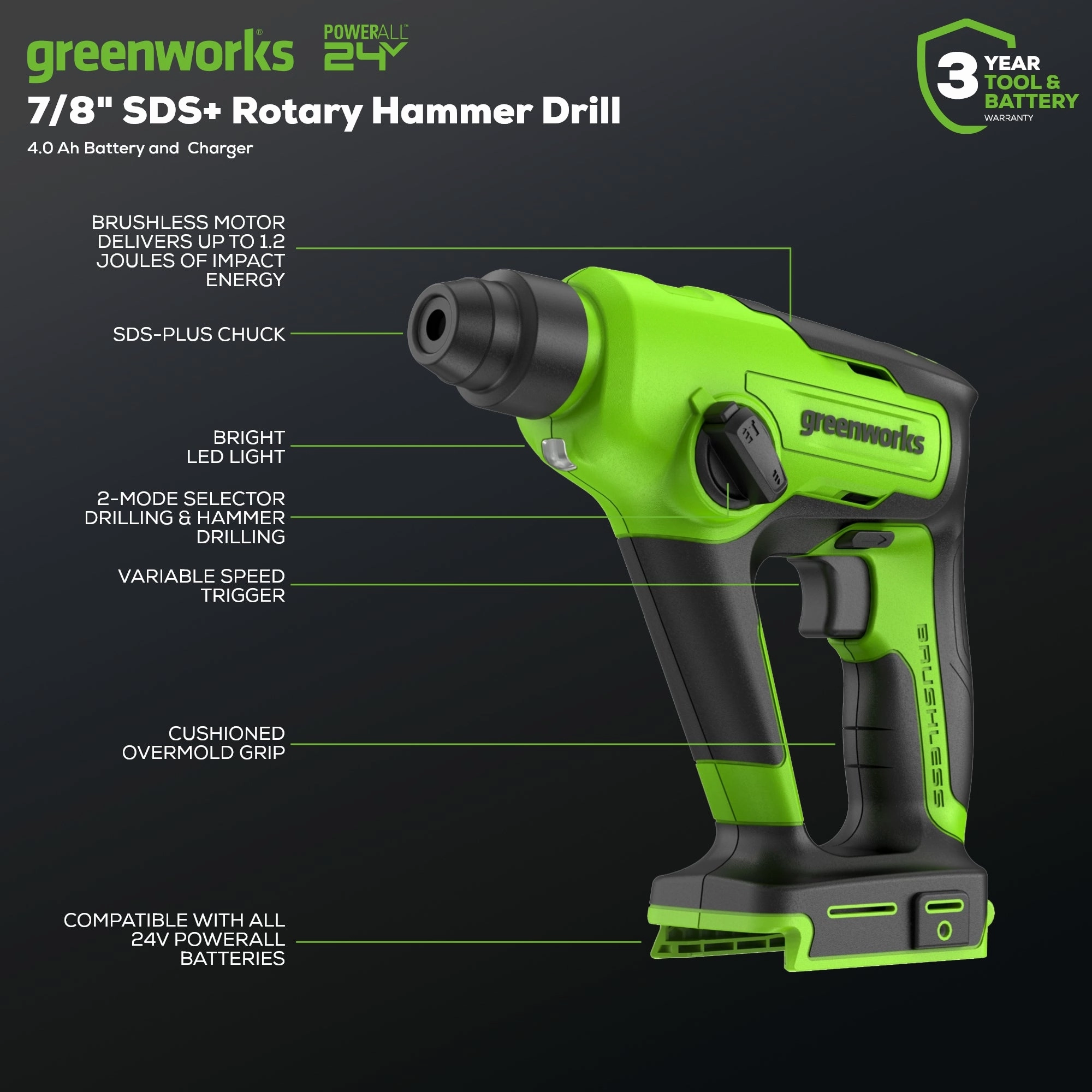 24V SDS 1.2J Brushless Rotary Hammer Drill & (3) 6 Drill Bits w/ 4.0Ah Battery and Charger