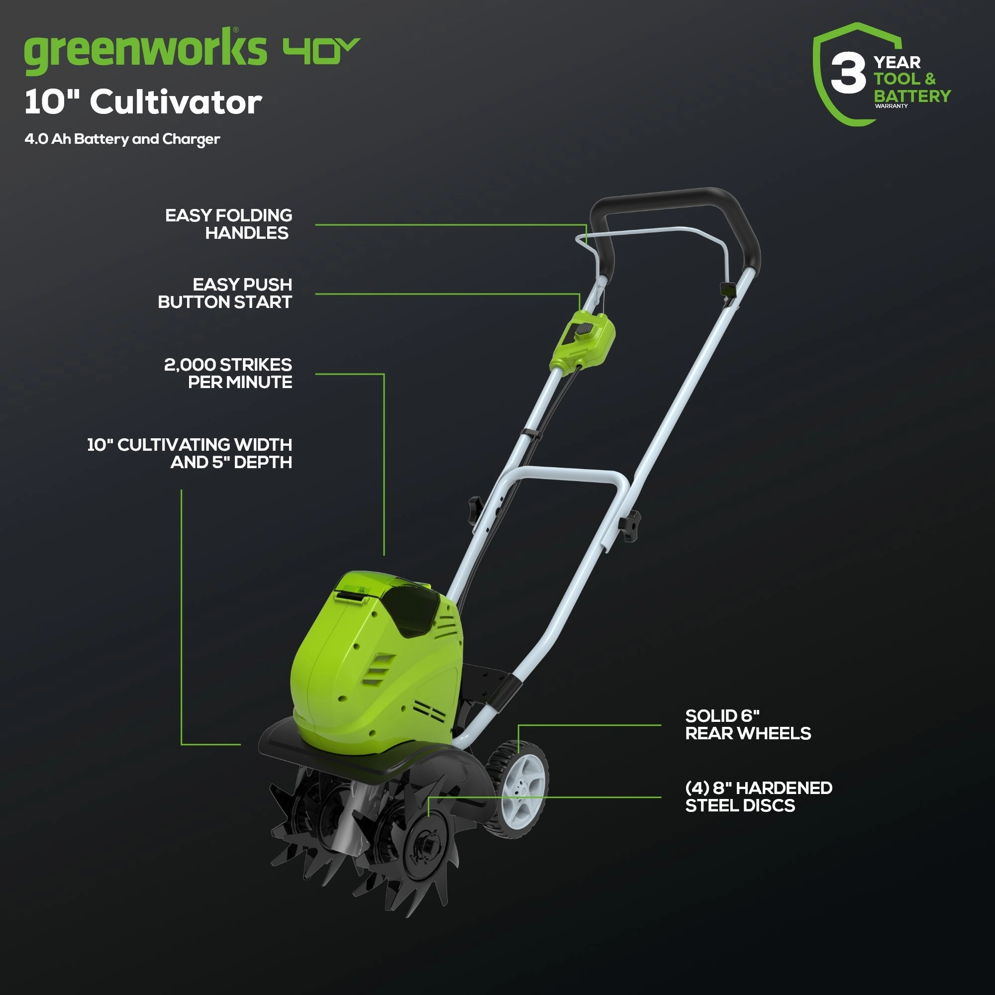 40V 10 Cordless Cultivator / Tiller w/ 4.0 Ah Battery & Charger