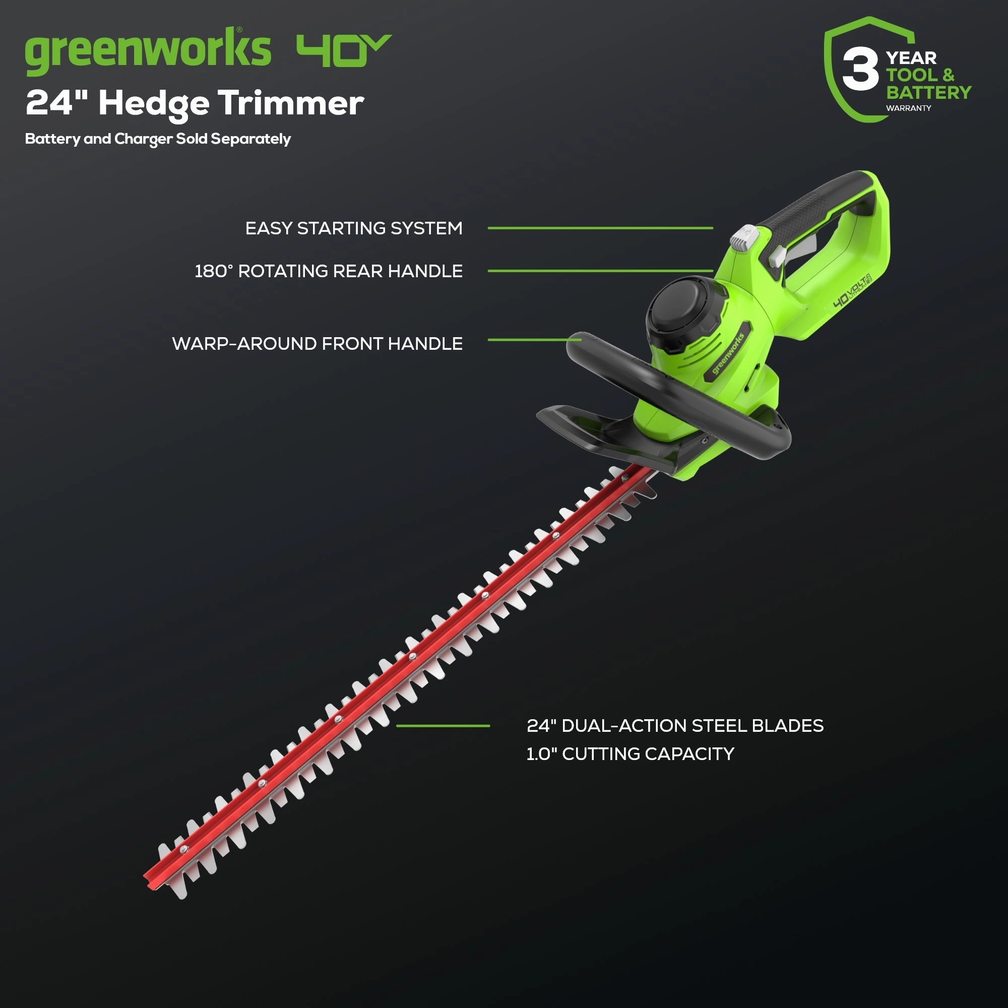 40V 24 Cordless Battery Hedge Trimmer (Tool Only)