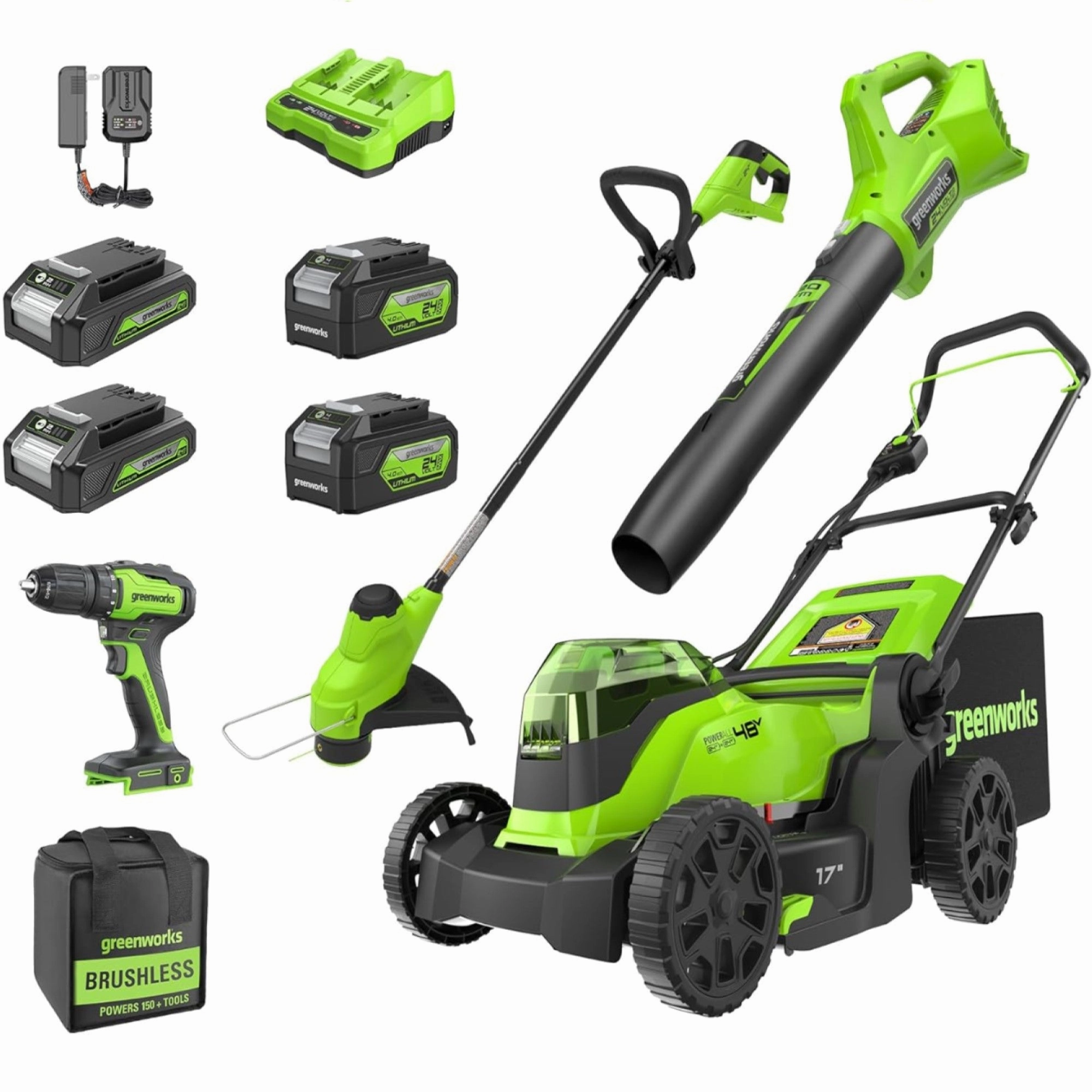 48V (2x24V) 17 Lawn Mower 4-pc Combo Kit w/ (2) 4.0Ah Batteries and (2) 2.0Ah Batteries & 2A Dual Port Charger
