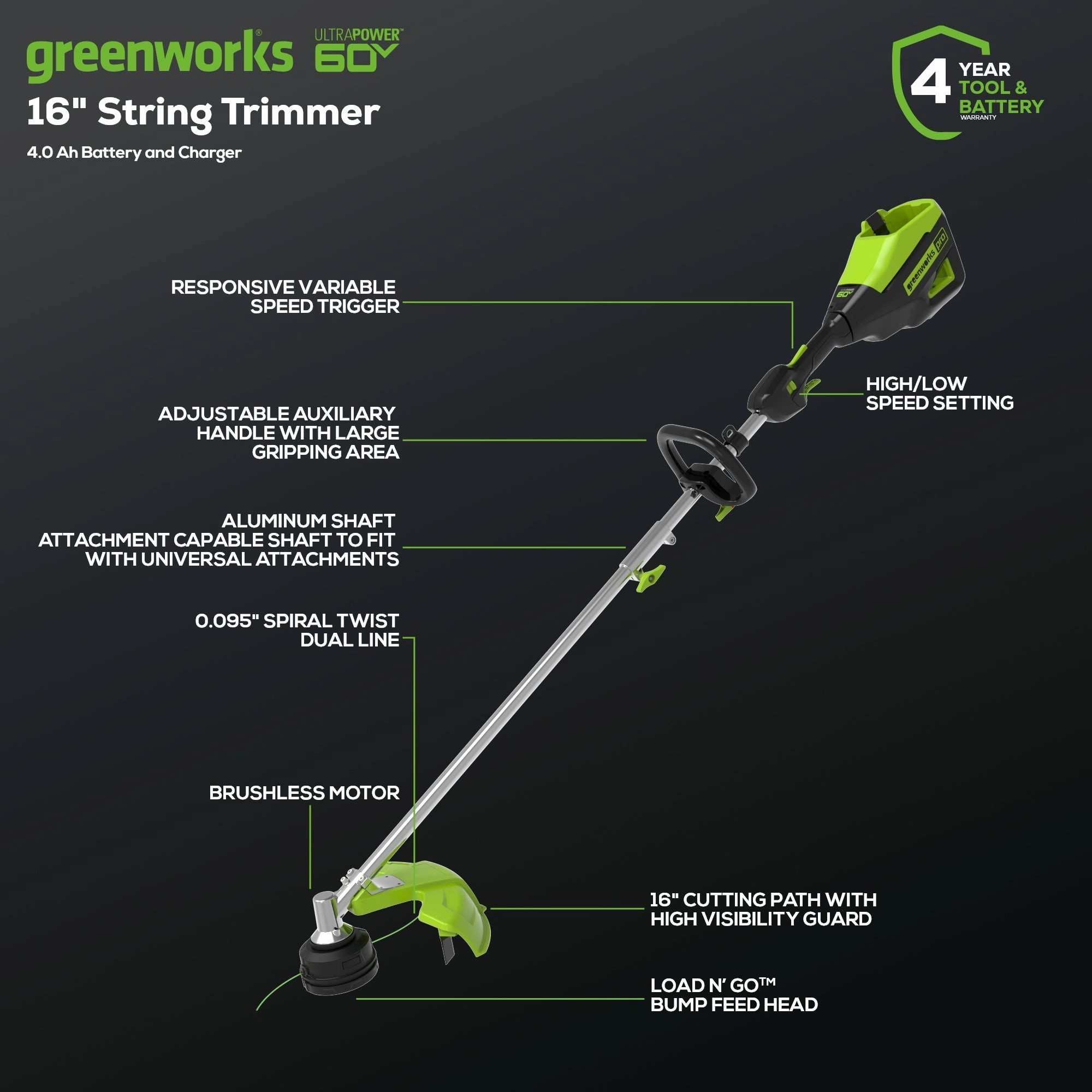 60V 16 Cordless Battery String Trimmer (Attachment Capable) & 16 Hedge Trimmer Attachment Combo Kit w/ 4.0 Ah Battery & Charger