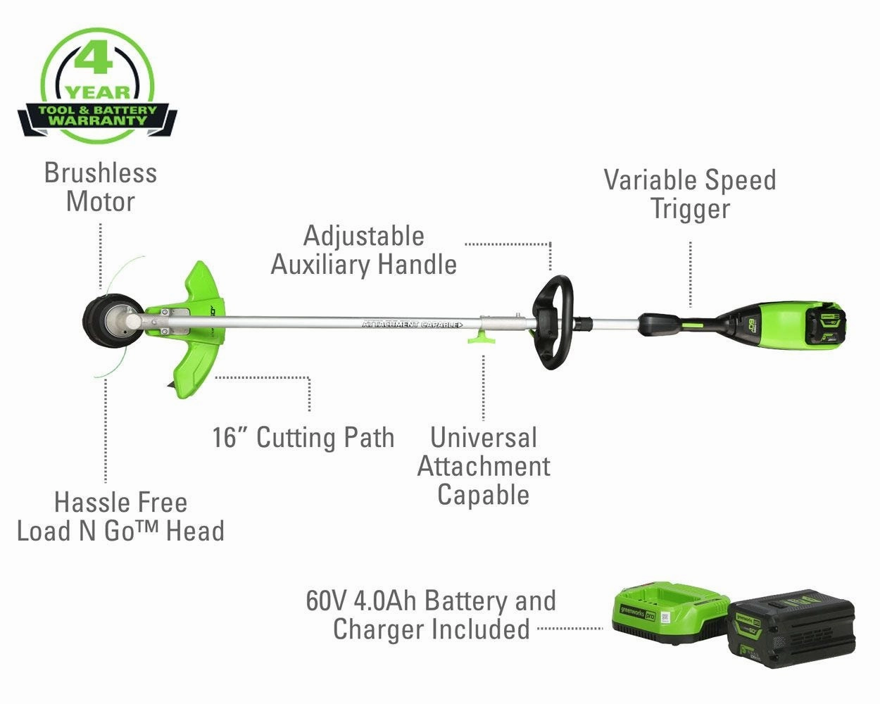 60V 16 Cordless Battery String Trimmer (Attachment Capable) & 8 Edger Attachment Combo Kit w/ 4.0 Ah Battery & Charger