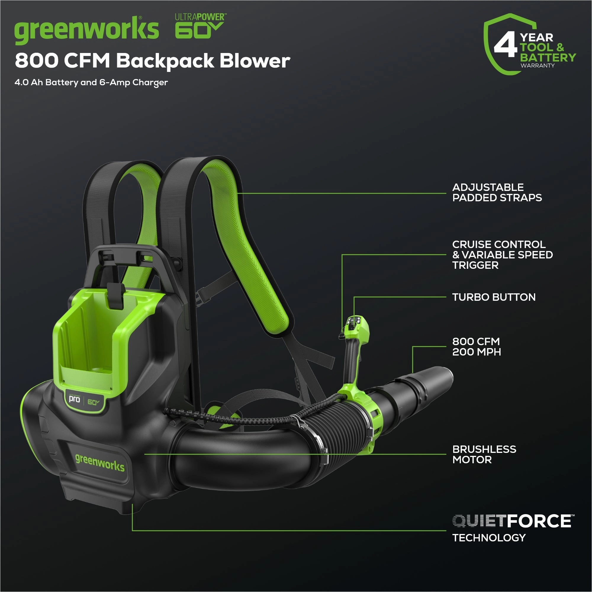 60V 800 CFM Cordless Battery Brushless Backpack Blower w/ 4.0Ah Battery & Charger