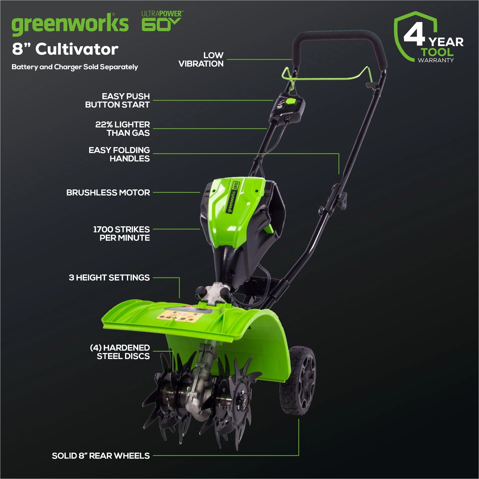 60V 8 Cordless Battery Cultivator / Tiller (Tool Only)
