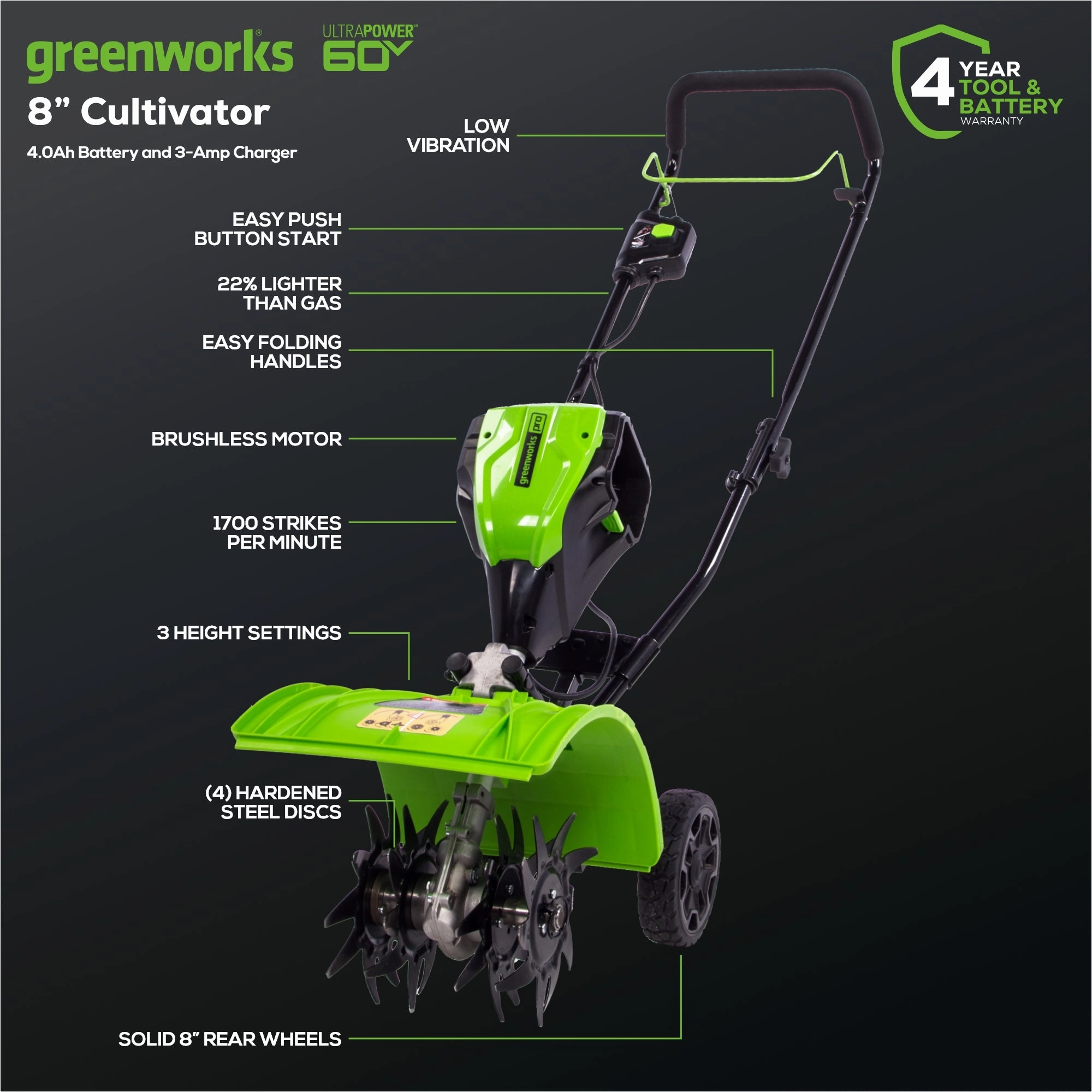 60V 8 Cordless Battery Cultivator / Tiller w/ 4.0Ah Battery & Charger