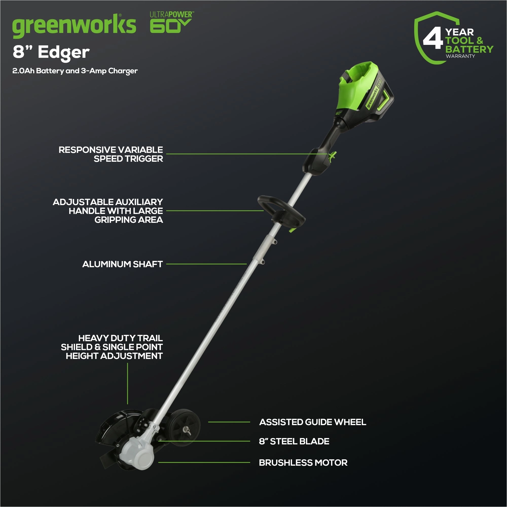 60V 8 Cordless Battery Edger w/ 2.0Ah Battery & Charger