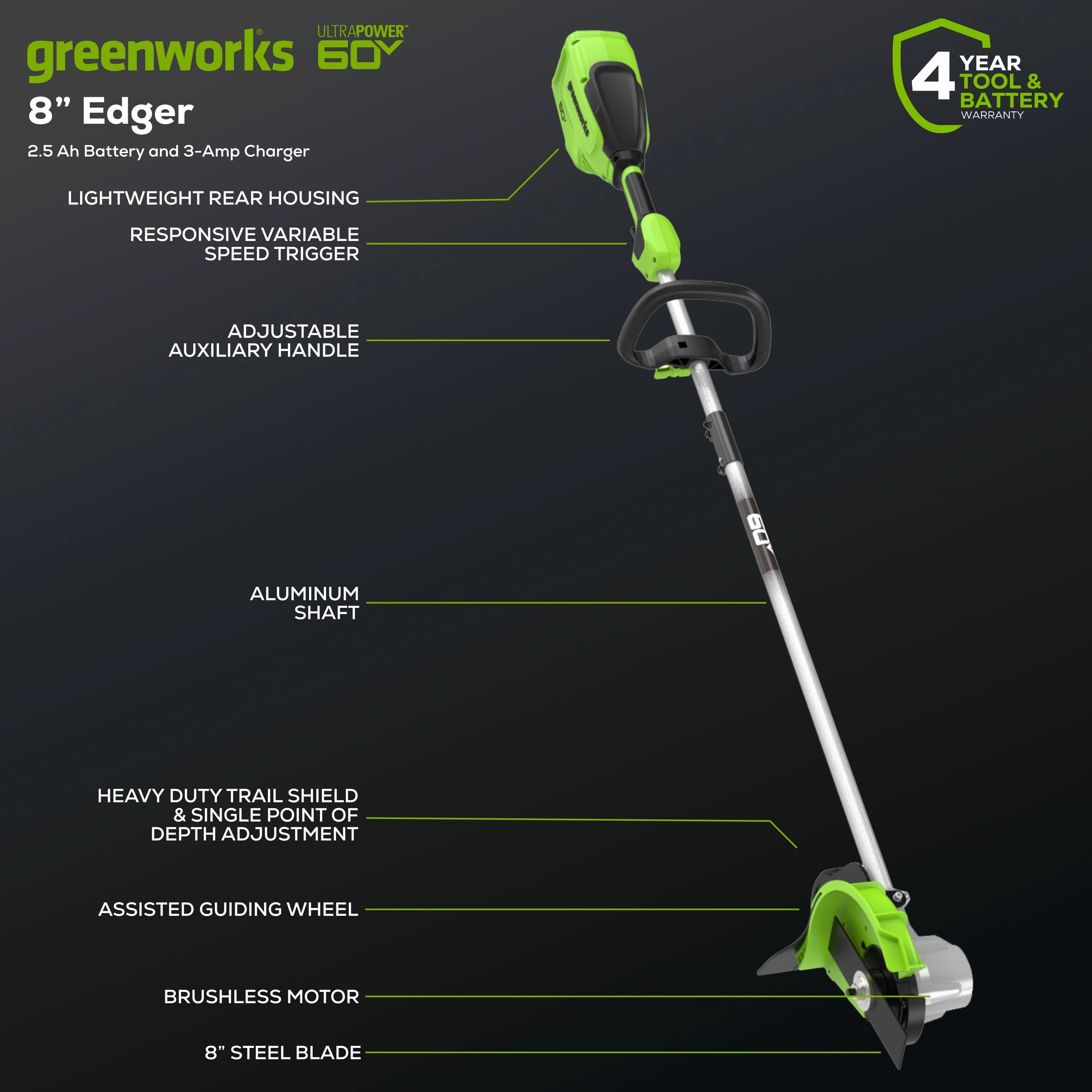 60V 8 Cordless Battery Edger w/ 2.5 Ah Battery and 3A Charger
