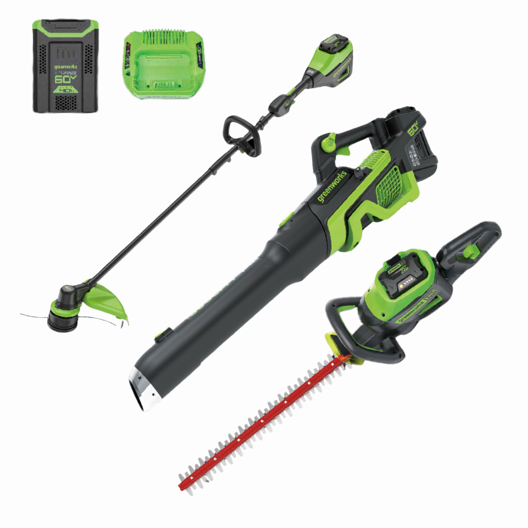 60V Cordless Battery 3PC Handheld Combo Kit w/ String Trimmer. Blower & Hedge Trimmer. (1) 2.5 Ah Battery and Charger