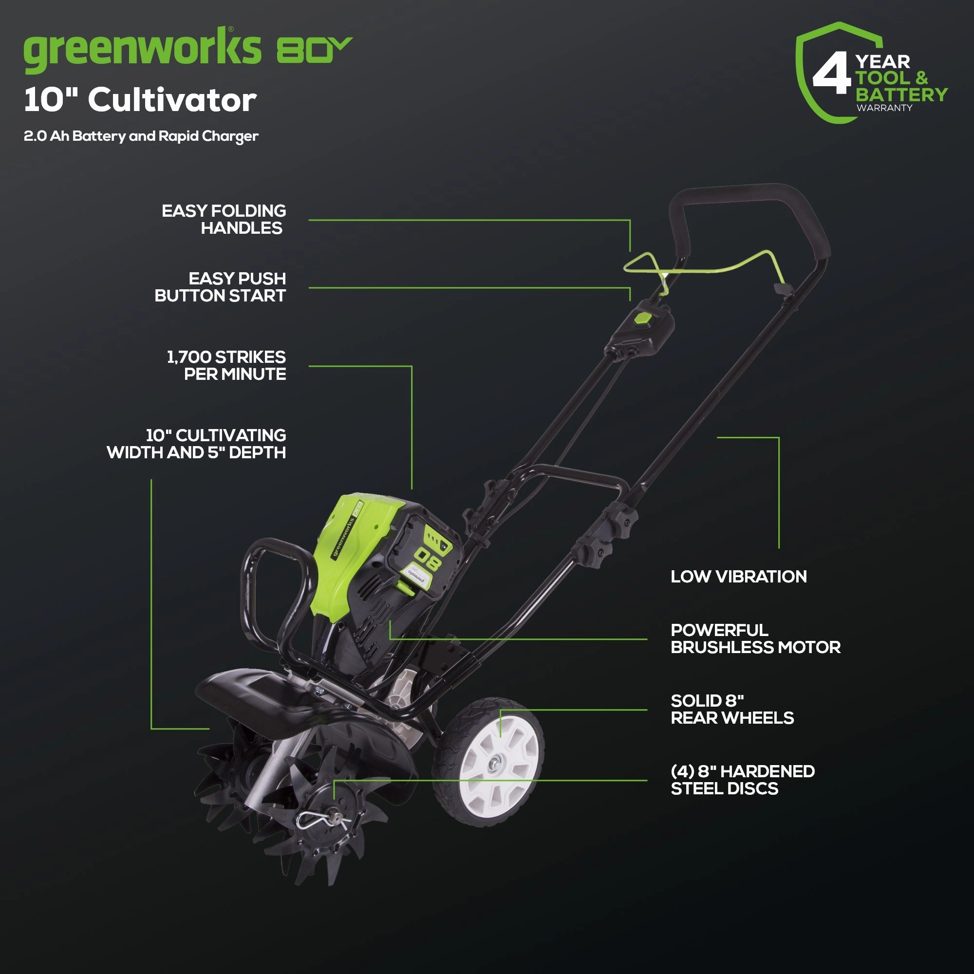 80V 10 Brushless Cultivator / Tiller w/ 2.0Ah Battery & Charger