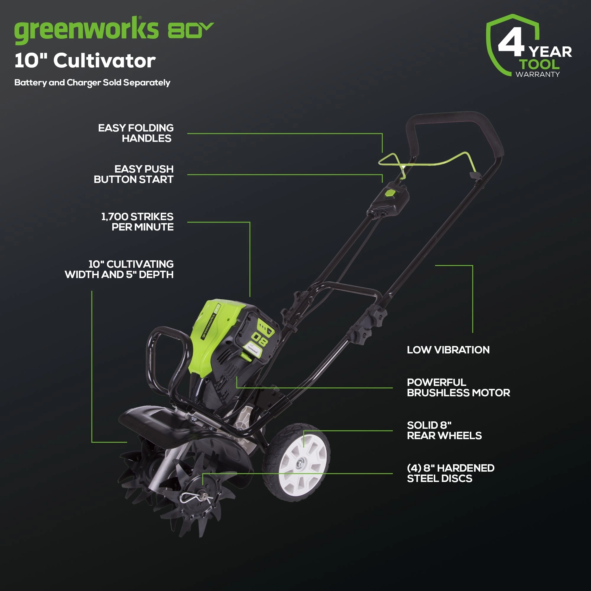 80V 10 Cordless Battery Cultivator / Tiller (Tool Only)