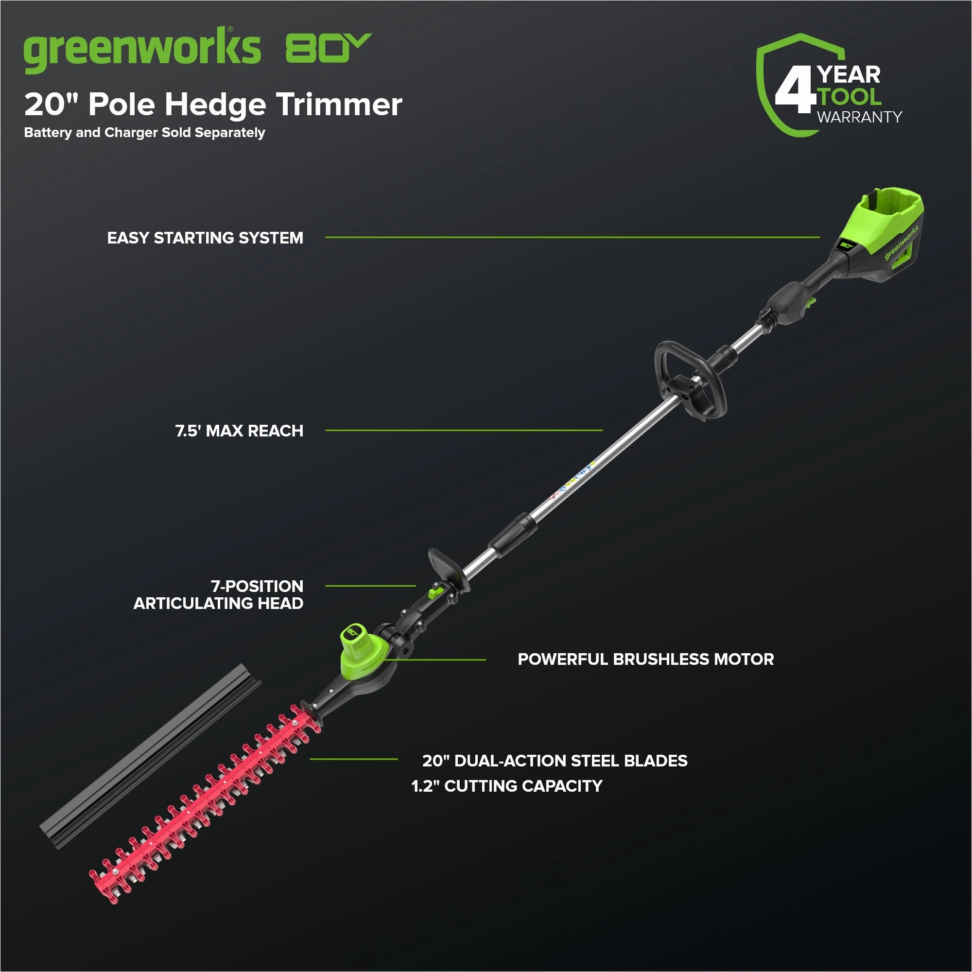 80V 20 Cordless Battery Pole Hedge Trimmer (1.2 cut. 3200 SPM). Tool-Only