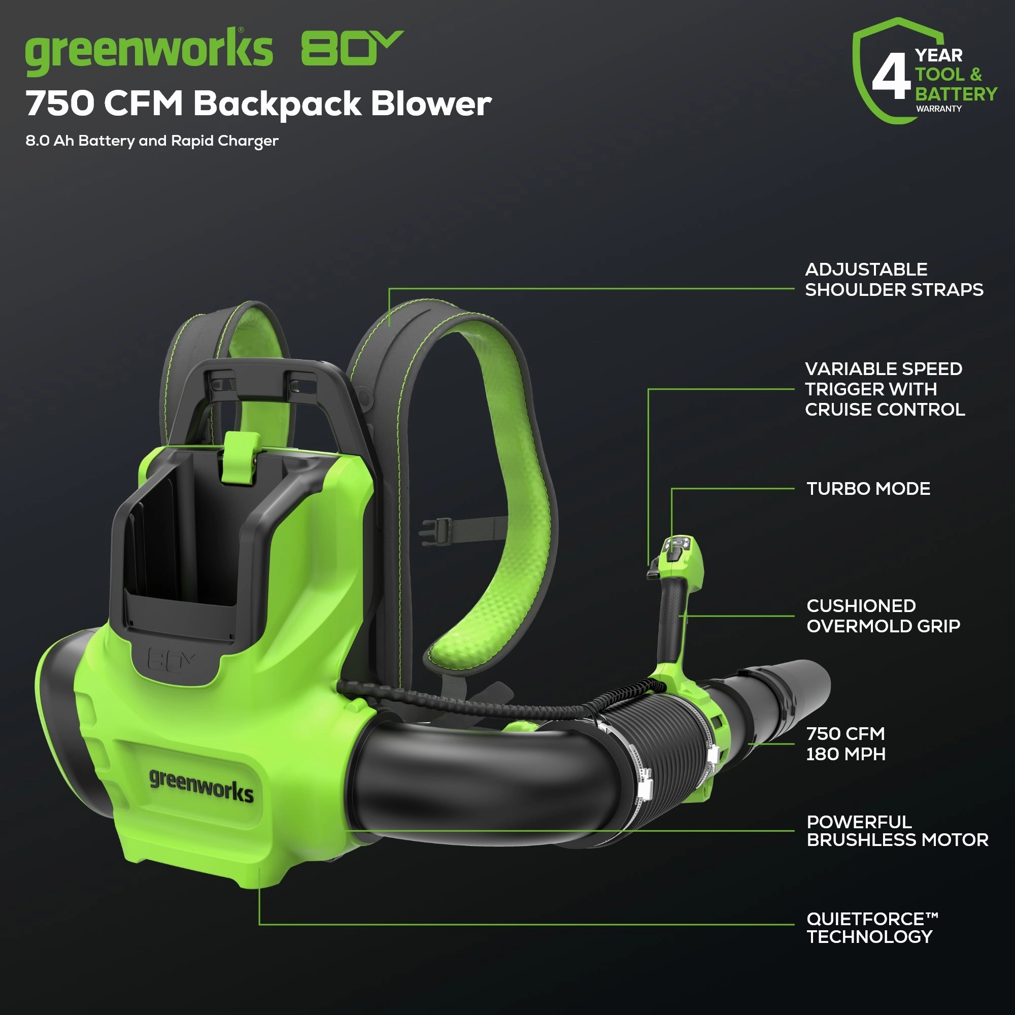 80V 750 CFM Cordless Battery Single Port Backpack Blower w/ 8Ah Battery & 6A Charger