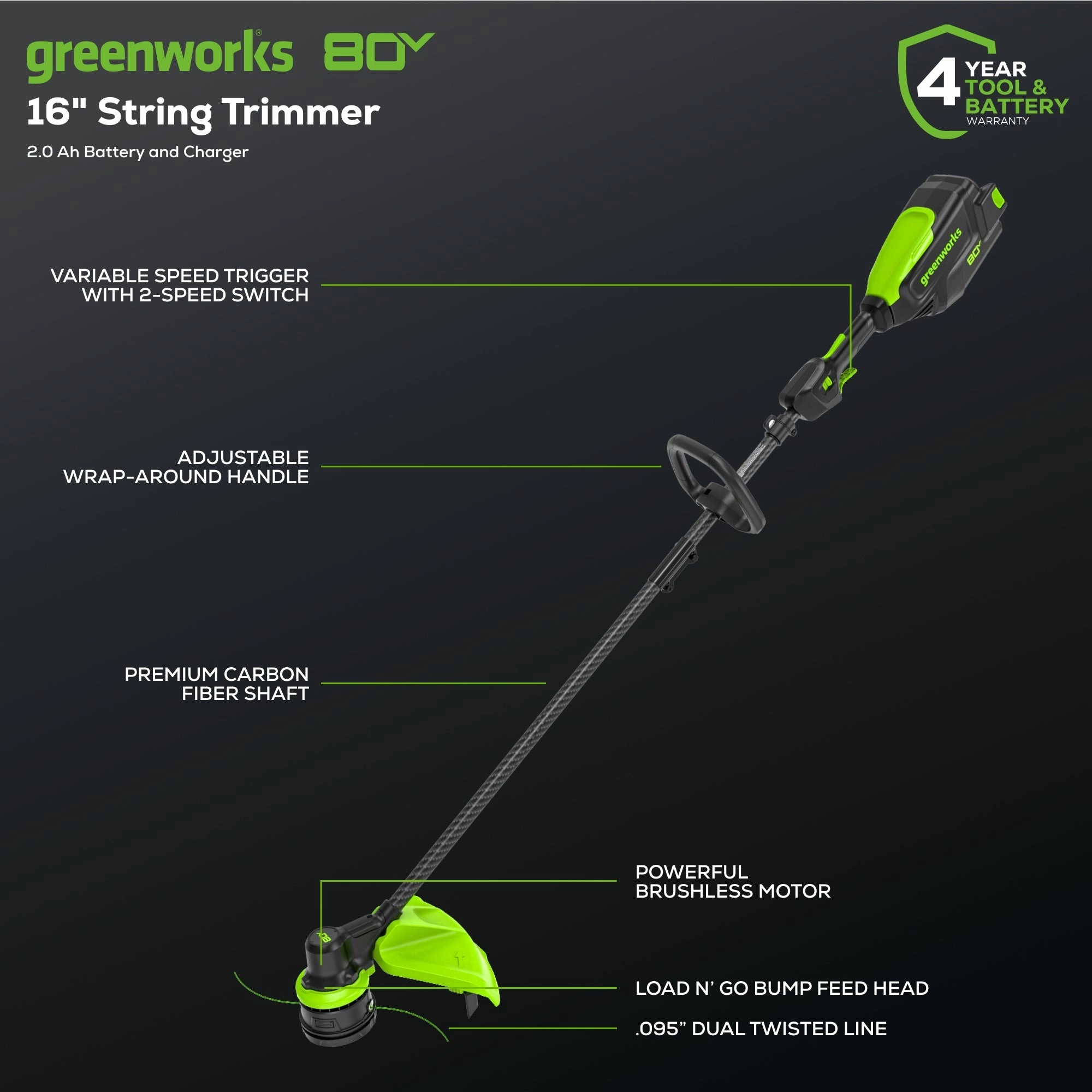 80V Cordless 16 Brushless Carbon Fiber String Trimmer w/ 2.0Ah Battery & Charger