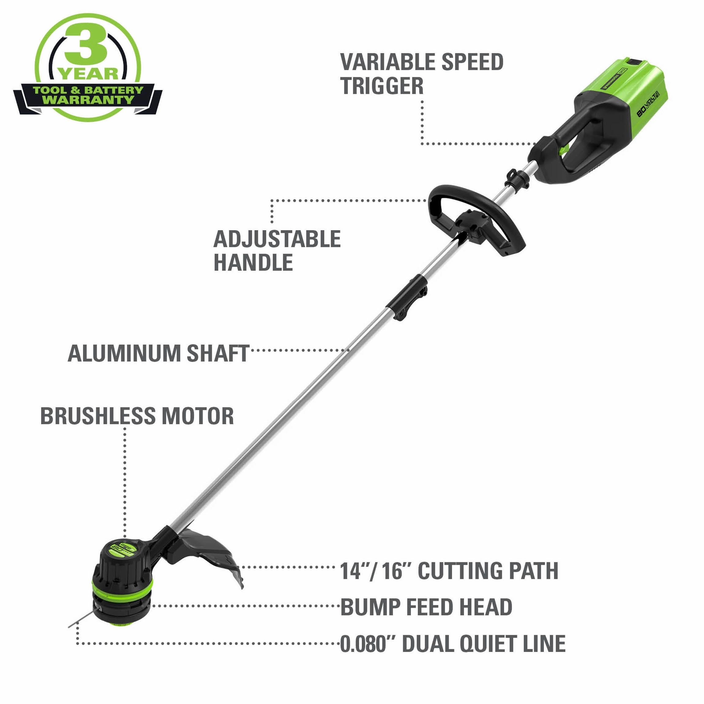 80V Cordless 16 Brushless String Trimmer( .08 line) w/ 2.0Ah Battery & Charger