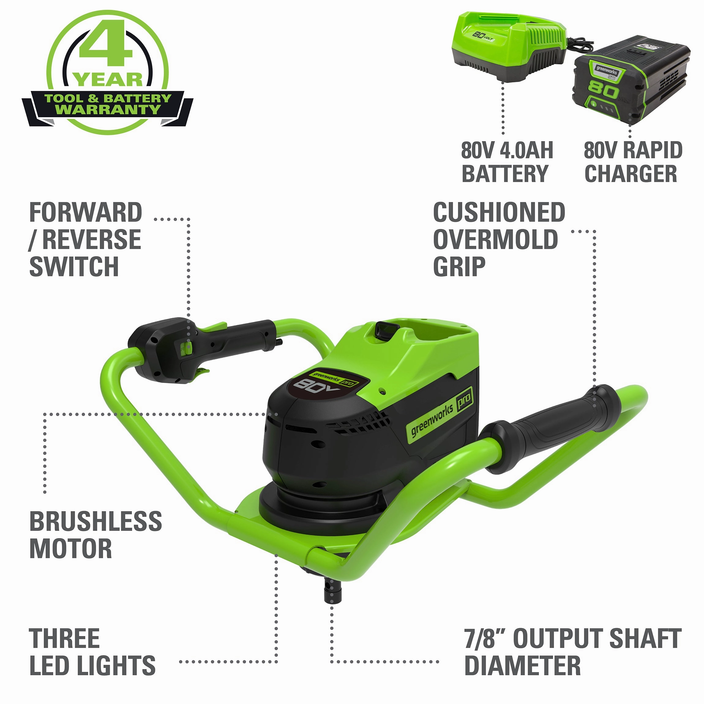 80V Cordless Battery Brushless Earth Auger / Post Hole Digger w/ 4Ah Battery & Charger