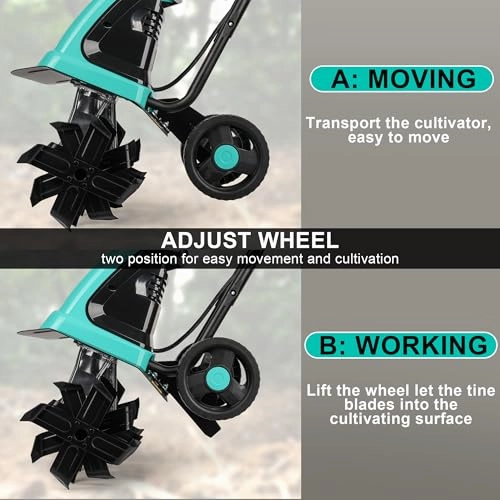         13.5 Amp 12 Inch Electric Tiller/Cultivator with 4 Steel Tines. 8'' Tilling Depth Small Garden Tiller for Gardening. Corded Rototiller with Adjustable Wheels       