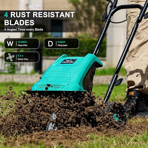         13.5 Amp 12 Inch Electric Tiller/Cultivator with 4 Steel Tines. 8'' Tilling Depth Small Garden Tiller for Gardening. Corded Rototiller with Adjustable Wheels       
