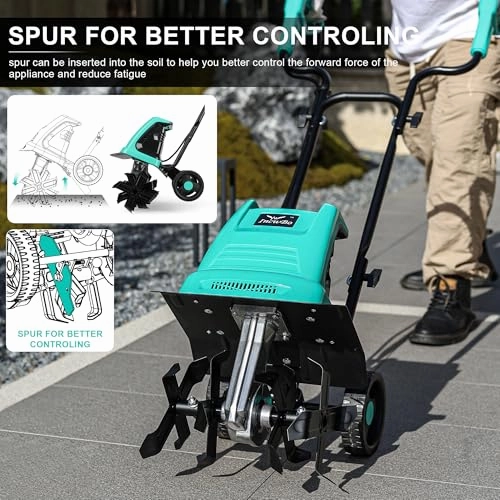         13.5 Amp 12 Inch Electric Tiller/Cultivator with 4 Steel Tines. 8'' Tilling Depth Small Garden Tiller for Gardening. Corded Rototiller with Adjustable Wheels       