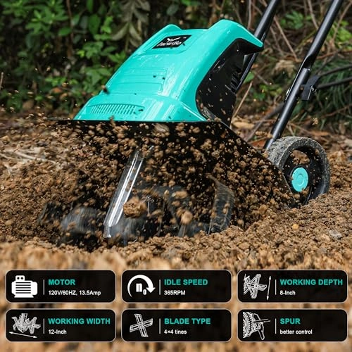         13.5 Amp 12 Inch Electric Tiller/Cultivator with 4 Steel Tines. 8'' Tilling Depth Small Garden Tiller for Gardening. Corded Rototiller with Adjustable Wheels       