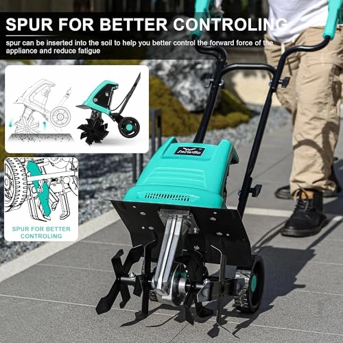         13.5 Amp 12 Inch Electric Tiller/Cultivator with 4 Steel Tines. 8'' Tilling Depth Small Garden Tiller for Gardening. Corded Rototiller with Adjustable Wheels       