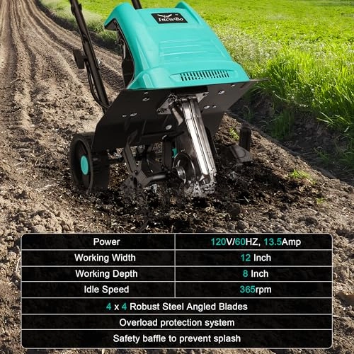         13.5 Amp 12 Inch Electric Tiller/Cultivator with 4 Steel Tines. 8'' Tilling Depth Small Garden Tiller for Gardening. Corded Rototiller with Adjustable Wheels       
