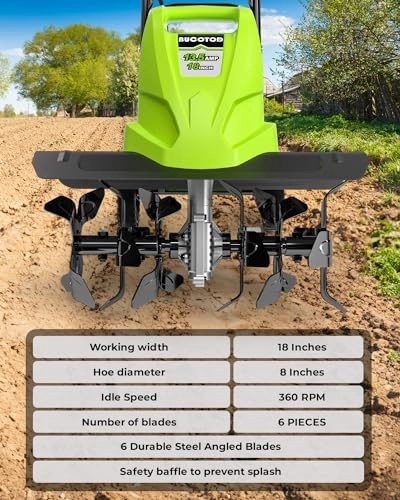         18-Inch 13.5 Amp Tiller/Cultivator with 6 Steel Tines. 3-Adjustable Wheels. Foldable Handle. 8'' Tilling Depth Electric Corded Tillers. Electric Garden Rototiller for Garden Lawn Soil Digging       