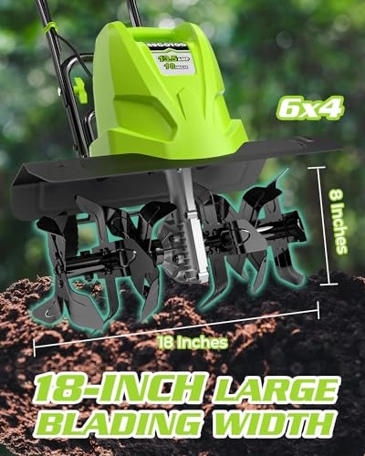         18-Inch 13.5 Amp Tiller/Cultivator with 6 Steel Tines. 3-Adjustable Wheels. Foldable Handle. 8'' Tilling Depth Electric Corded Tillers. Electric Garden Rototiller for Garden Lawn Soil Digging       