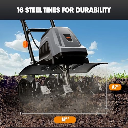         18 Inch 15 Amp Electric Tiller Cultivator. 24 Steel Tines for Gardening. Corded & High Power Garden Roto Tiller. 8.7'' Tilling Depth. 4-Adjustable Wheels. Foldable Handle. for Lawn Yard. Gray       