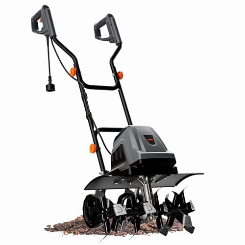        18 Inch 15 Amp Electric Tiller Cultivator. 24 Steel Tines for Gardening. Corded & High Power Garden Roto Tiller. 8.7'' Tilling Depth. 4-Adjustable Wheels. Foldable Handle. for Lawn Yard. Gray       