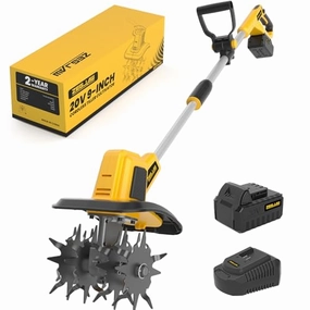         20V Cordless Electric Tiller. 9-Inch Garden Cultivator 360RPM Battery Powered Rototiller Portable Lightweight Efficient Tilling Includes 4.0Ah Battery and Charger       