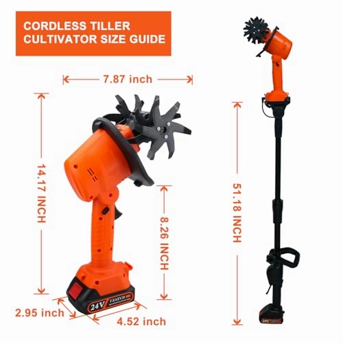         24V Cordless Tiller Cultivator. 4-Inch Tilling Width and Depth. Handheld with Extension Rod. 235 RPM Electric Garden Tiller. Lightweight 1.2kg Body. 2  1.5Ah Batteries & Charger.       