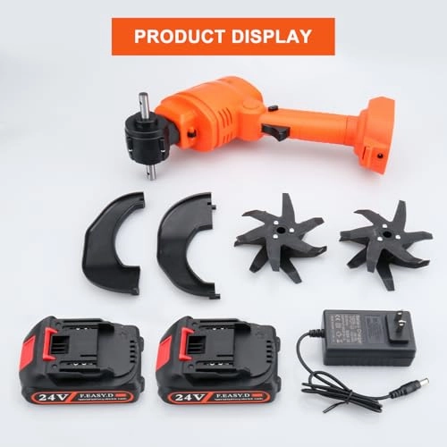        24V Cordless Tiller Cultivator. 4-Inch Tilling Width and Depth. Handheld with Extension Rod. 235 RPM Electric Garden Tiller. Lightweight 1.2kg Body. 2  1.5Ah Batteries & Charger.       