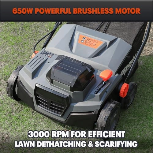         40V 15 2-in-1 Cordless Electric Dethatcher & Scarifier Compatible with Dewalt 20V MAX Battery(Tool Only). w/12Gal Thatch Collection Bag. 5-Depth Adjustment. Quick-Fold. Walk Behind for Lawn Care       
