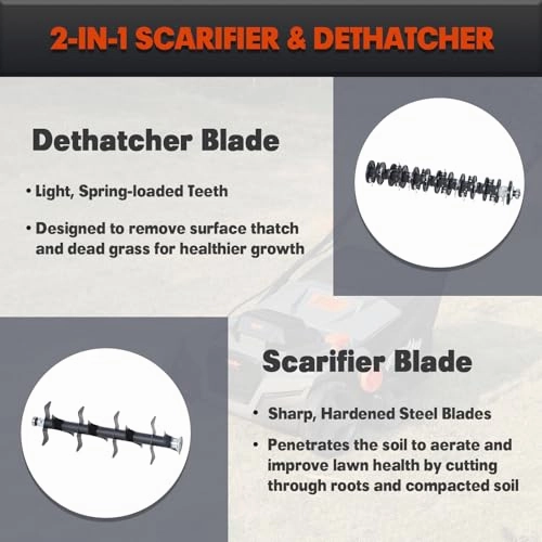         40V 15 2-in-1 Cordless Electric Dethatcher & Scarifier Compatible with Dewalt 20V MAX Battery(Tool Only). w/12Gal Thatch Collection Bag. 5-Depth Adjustment. Quick-Fold. Walk Behind for Lawn Care       