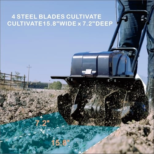         40V Cordless Tiller Cultivator.16 Huge SteelTines Garden Tiller.8.6 inch Wide BatteryPowered Garden Cultivator.(2 4AH Battery andCharger Included)       