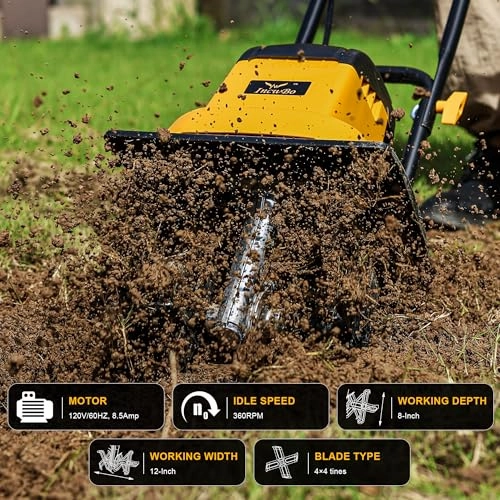         8.5AMP 12Inch Corded Tiller Cultivator 8-inch Depth Rototillers for Gardening. 360RPM Electric Garden Tiller with LT-201D Socket       